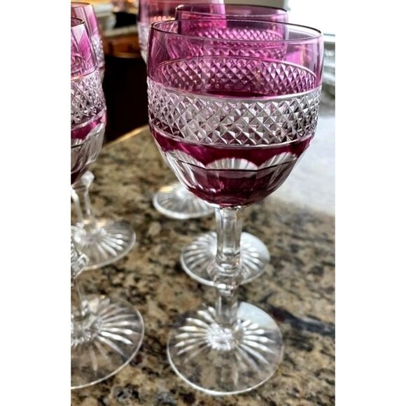 6 ST LOUIS TRIANON AMETHYST PURPLE SIGNED HOCK WINE 7 1/8" TALL CUT CROSS HATCH - Picture 4 of 11